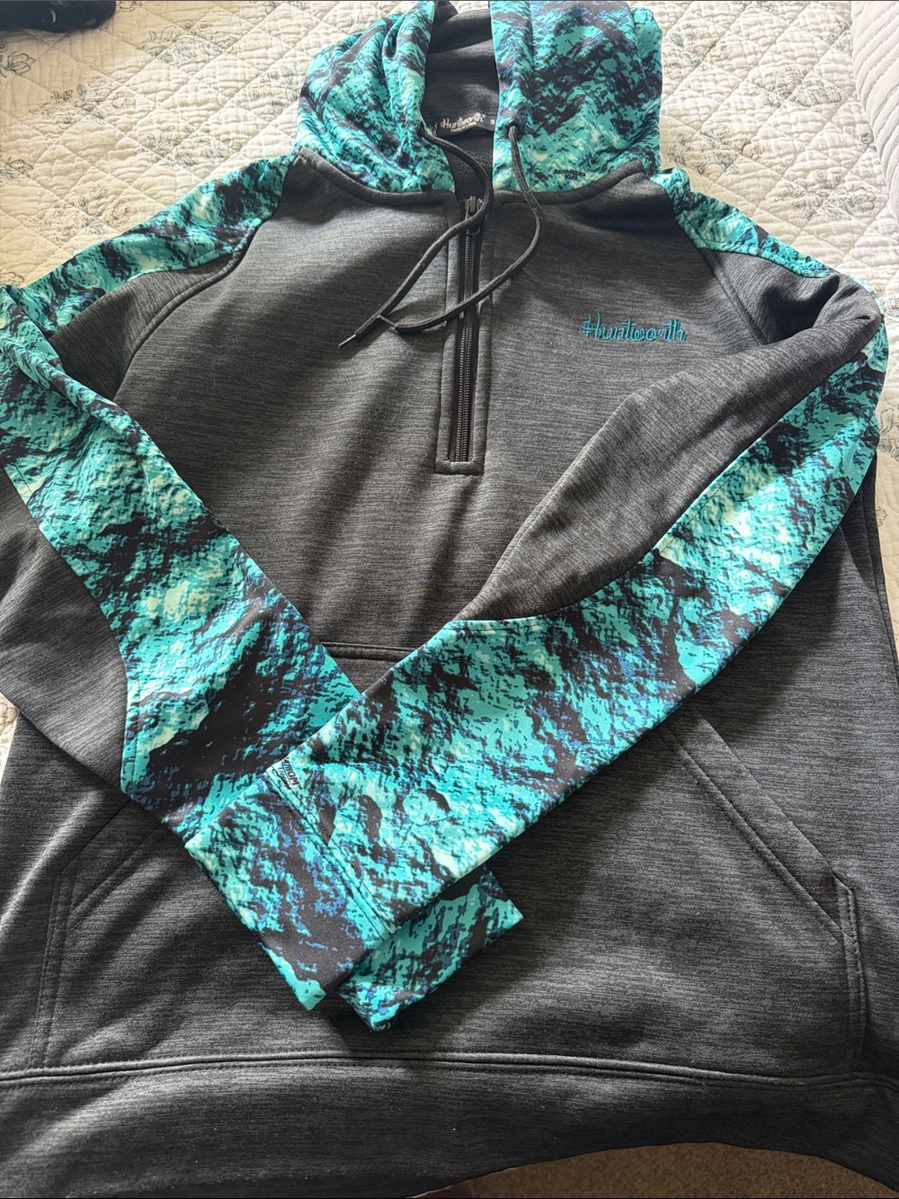 Men's Dark Gray Zip-Up Hoodie with Teal Accent Panels